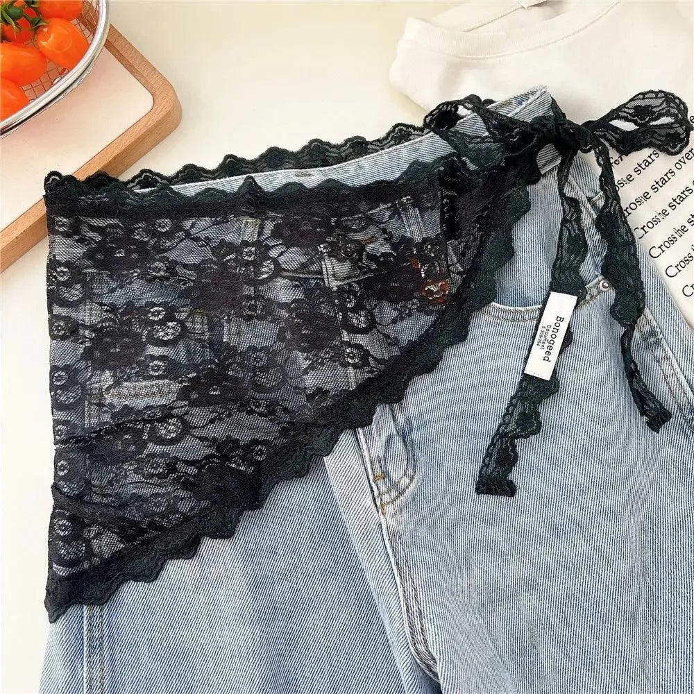 Black lace bralette with scalloped edges paired with light wash denim shorts, women's fashion