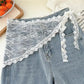 White lace trim denim shorts with floral pattern, women's fashion