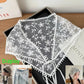White floral lace headscarf with pom-pom trim, stylish women’s fashion accessory for spring