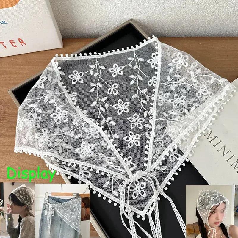 White floral lace headscarf with pom-pom trim, stylish women’s fashion accessory for spring