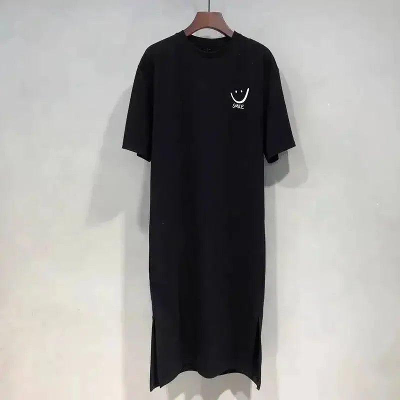 Black t-shirt dress with smile graphic, casual women's fashion