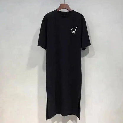 Black t-shirt dress with smile graphic, casual women's fashion