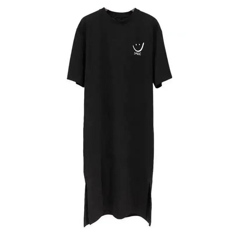 Black oversized t-shirt dress with smile graphic, casual women's fashion
