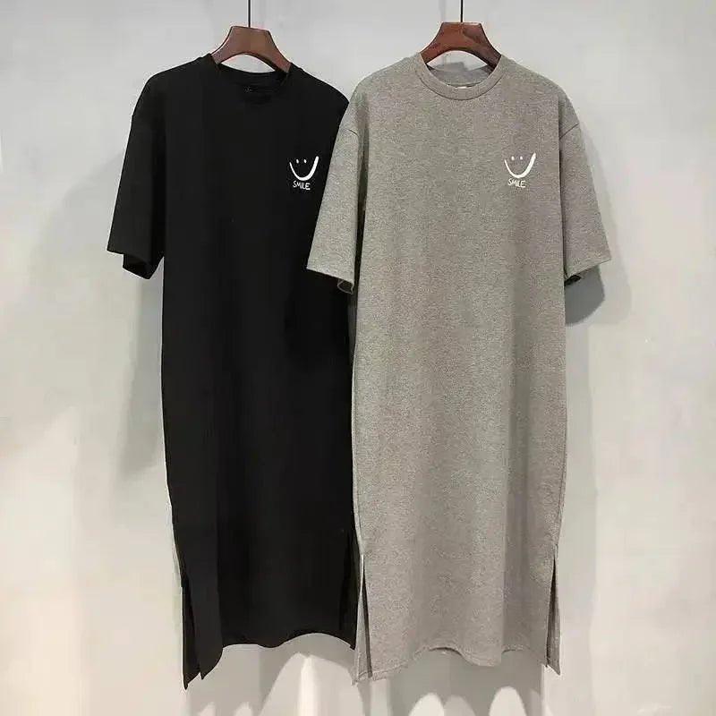 Black and gray smile print t-shirt dresses for women's fashion