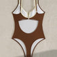 Brown and white cutout one-piece swimsuit with adjustable straps, women's beachwear fashion