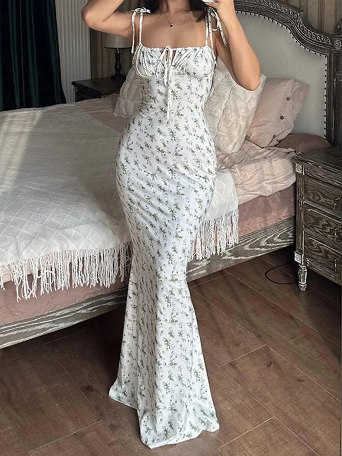 White floral mermaid dress with tie straps and fringe hem, women's fashion