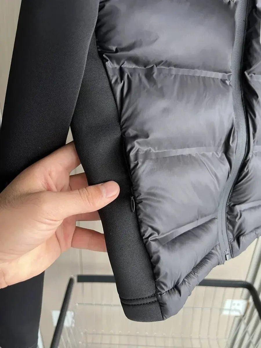 Black puffer jacket sleeve detail, women's fashion outerwear