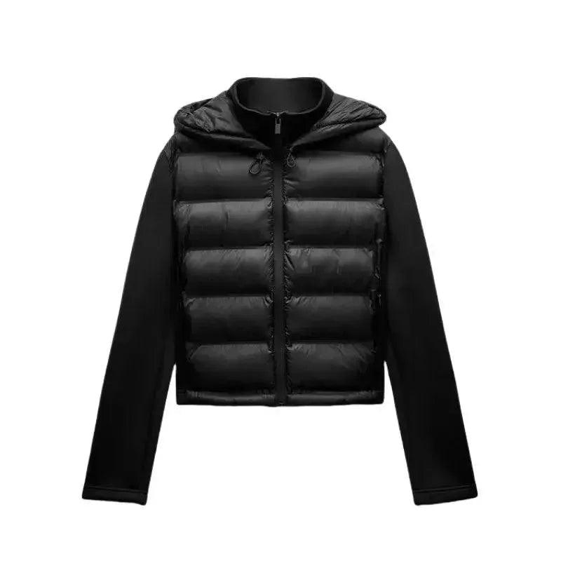 Black women's puffer jacket with hood, lightweight winter coat for fashion and warmth