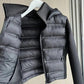 Black women's puffer vest with hood, lightweight quilted jacket for winter fashion