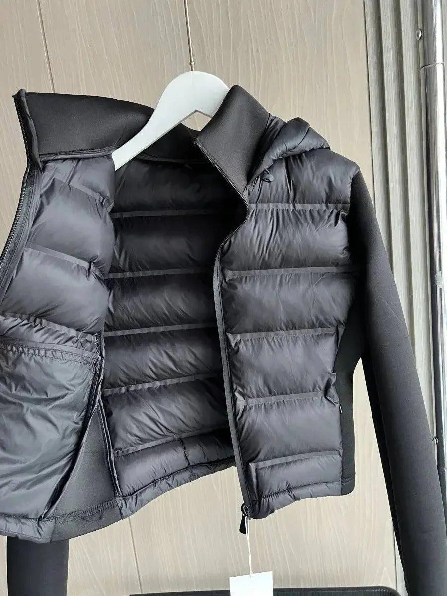 Black women's puffer vest with hood, lightweight quilted jacket for winter fashion