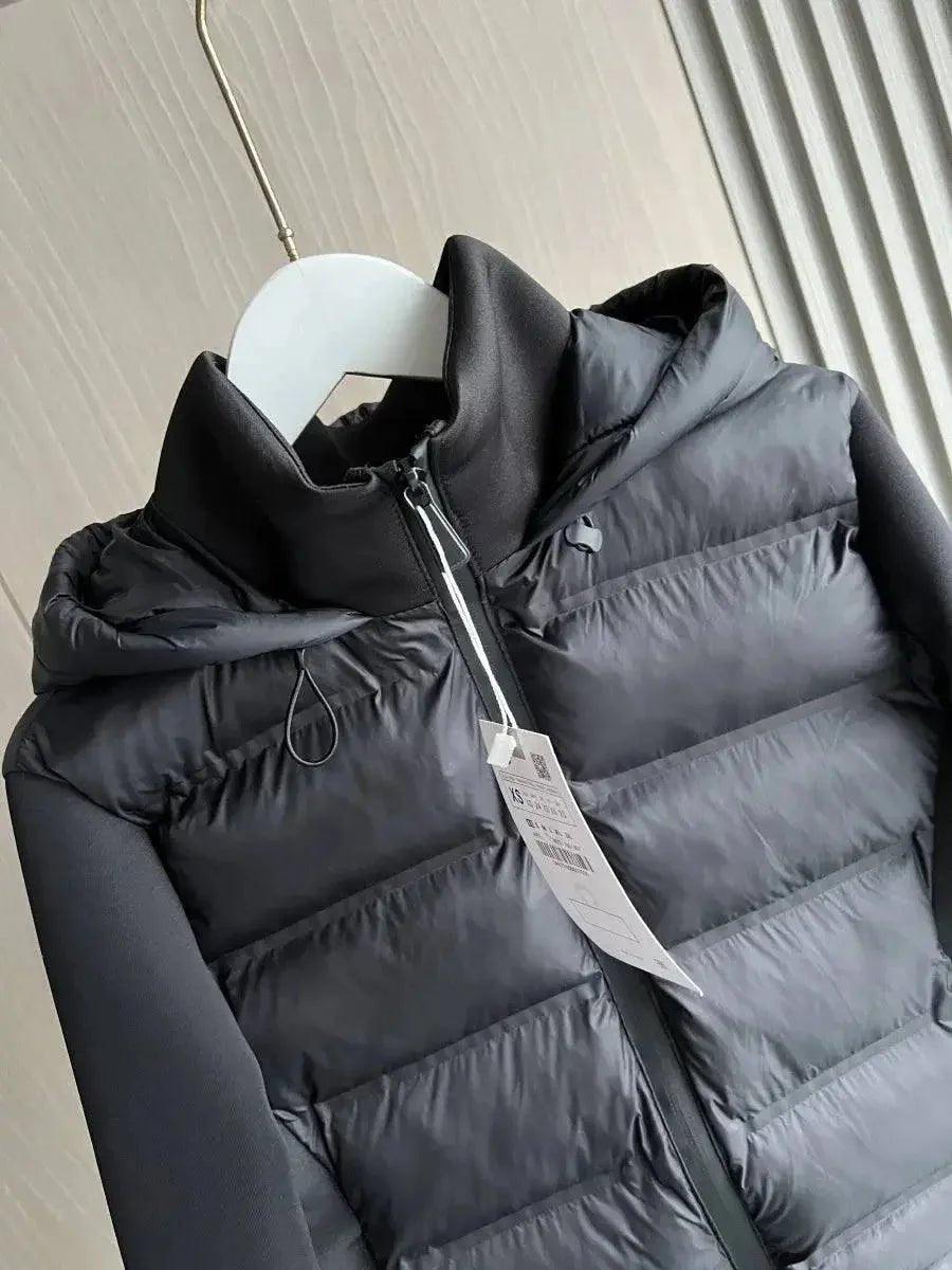 Black puffer vest with hood, lightweight winter fashion jacket for women