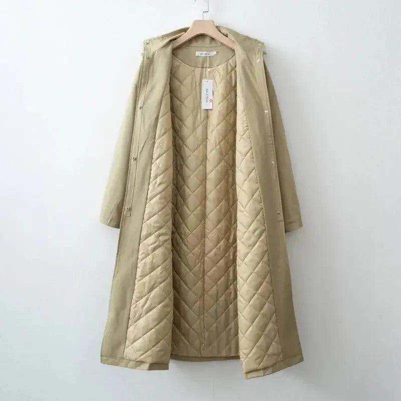 Beige quilted long coat for women, stylish outerwear with diamond stitching, perfect for fashion-forward looks