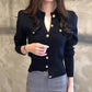 Black button-up cardigan with gold buttons, women's fashion top