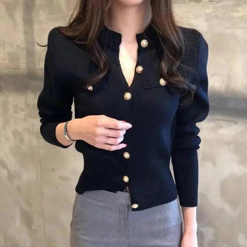 Black button-up cardigan with gold buttons, women's fashion top