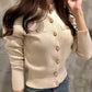 Cream knit cardigan with pearl buttons, women's fashion sweater for casual wear