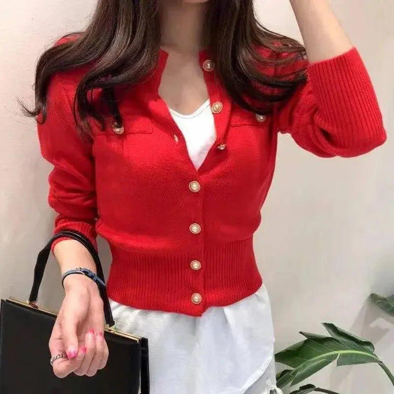 Red button-up cardigan sweater for women, stylish knitwear fashion top with gold buttons