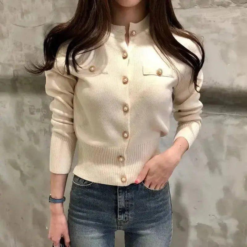 Cream button-up knit cardigan for women, stylish long sleeve sweater with gold buttons, fashion top