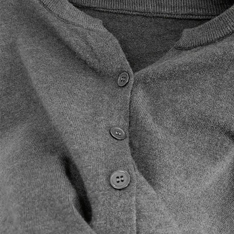 Gray button-up cardigan sweater with ribbed neckline, ideal for women's fashion
