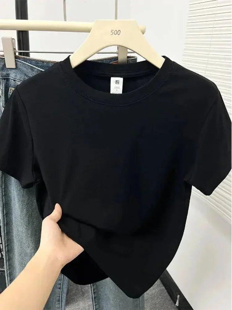 Black women's basic t-shirt on hanger, casual fashion top