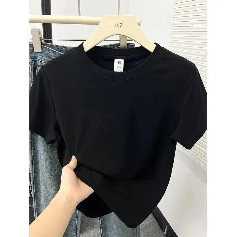 Black women's basic t-shirt on hanger, casual fashion top for everyday wear