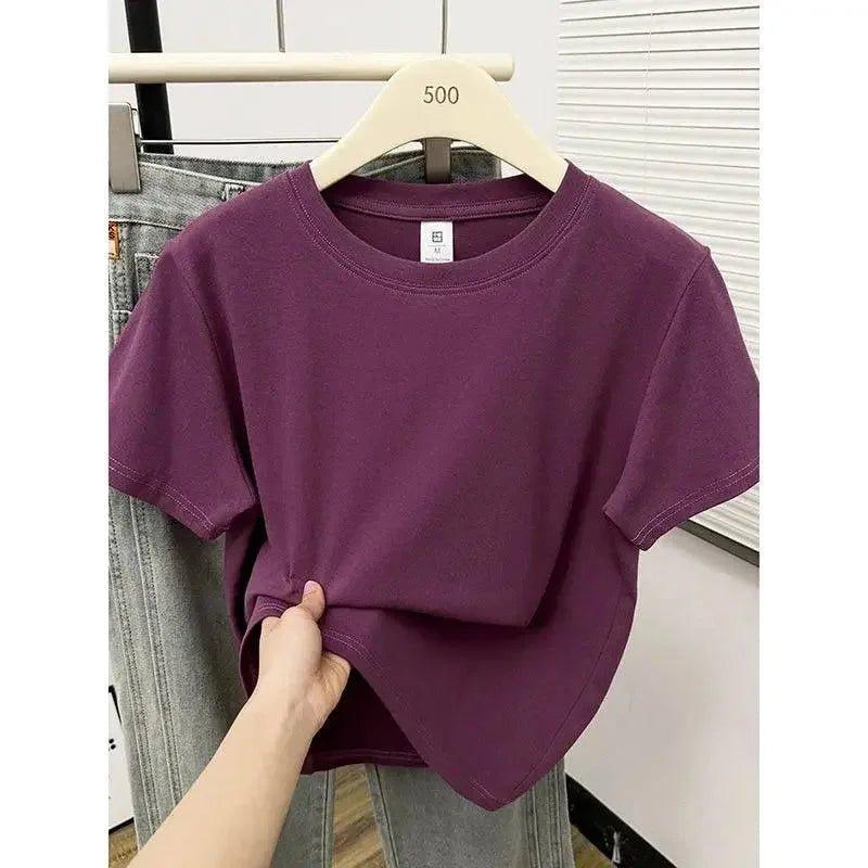 Purple women's crop top t-shirt on hanger, casual fashion style