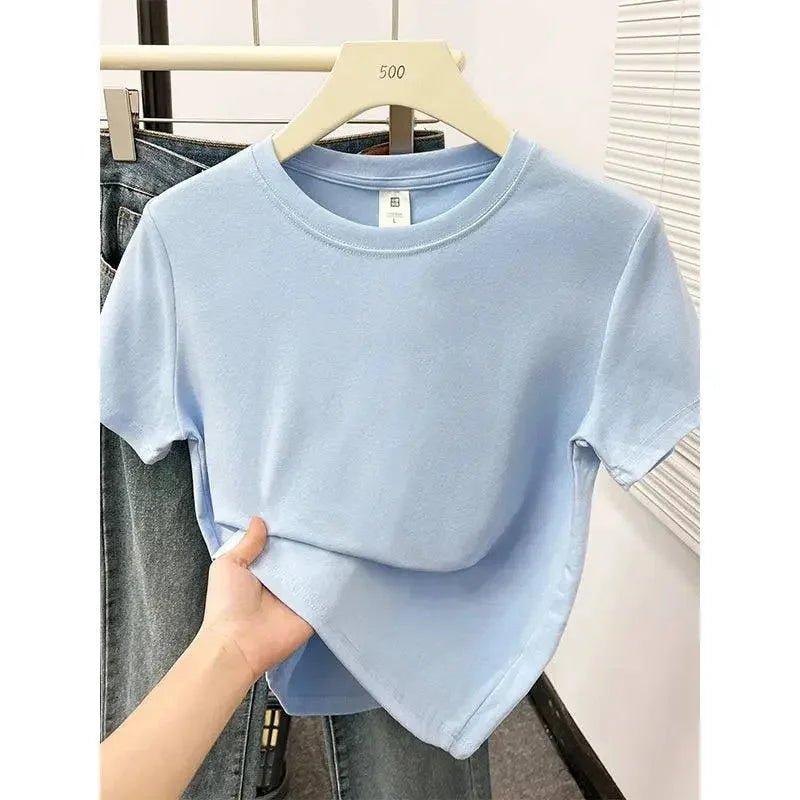 Light blue women's crop top t-shirt on hanger, casual fashion style
