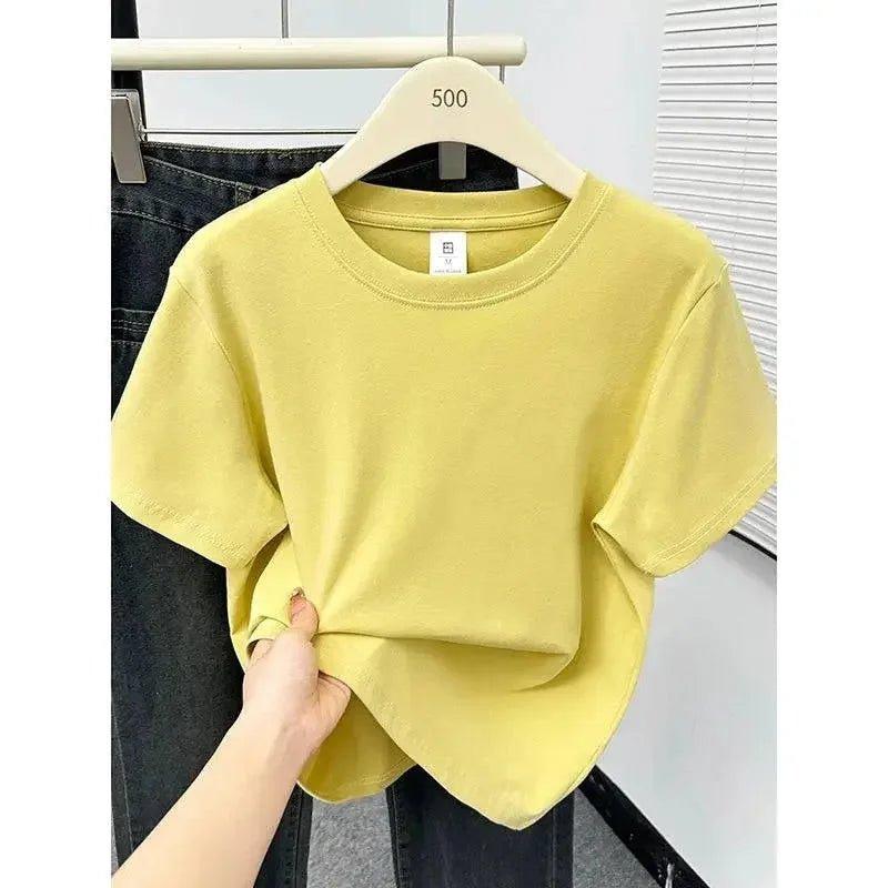 Yellow women's short sleeve t-shirt on hanger, casual fashion top