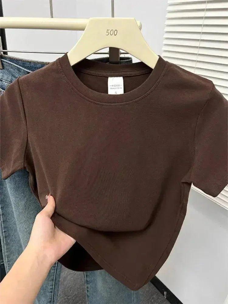Brown women's cropped t-shirt on hanger, casual fashion top with round neck and short sleeves