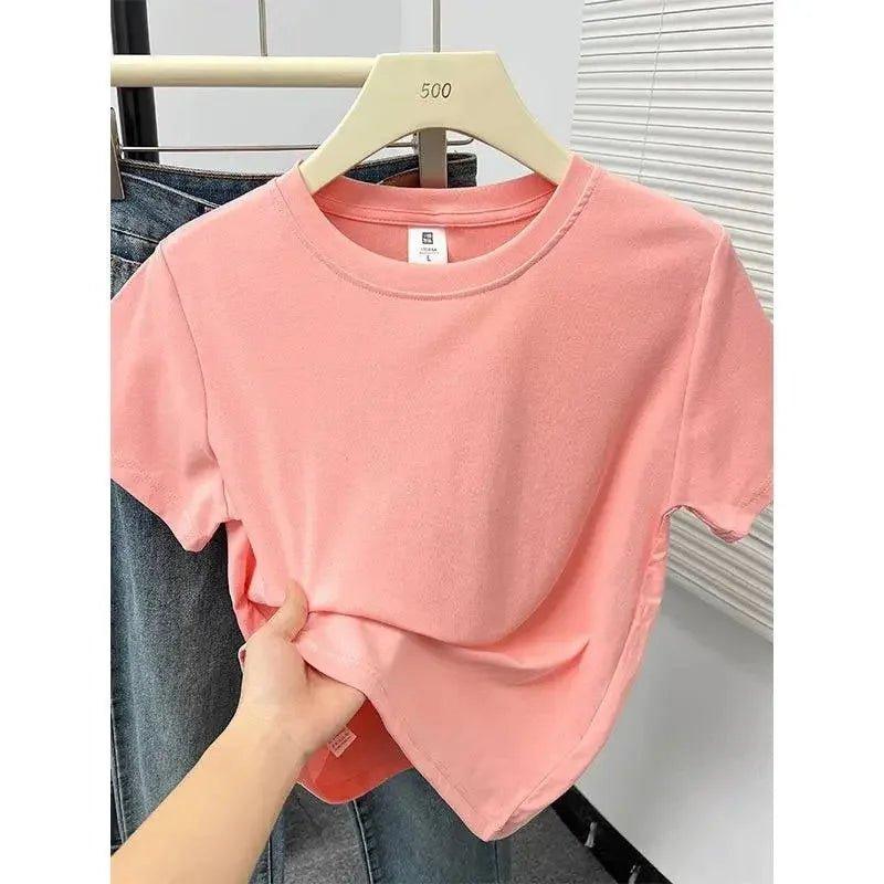 Pink women's short sleeve t-shirt on hanger, casual fashion top