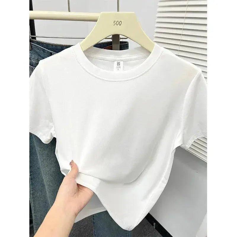 White women's crop top t-shirt on hanger, casual fashion style