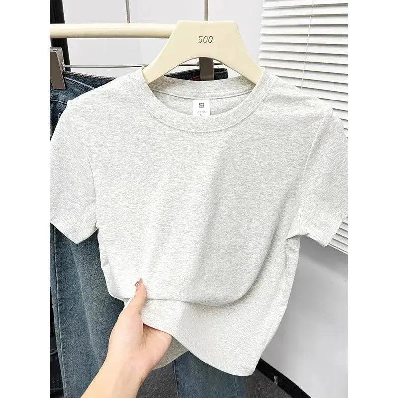 Women's gray short sleeve t-shirt on hanger, casual fashion top