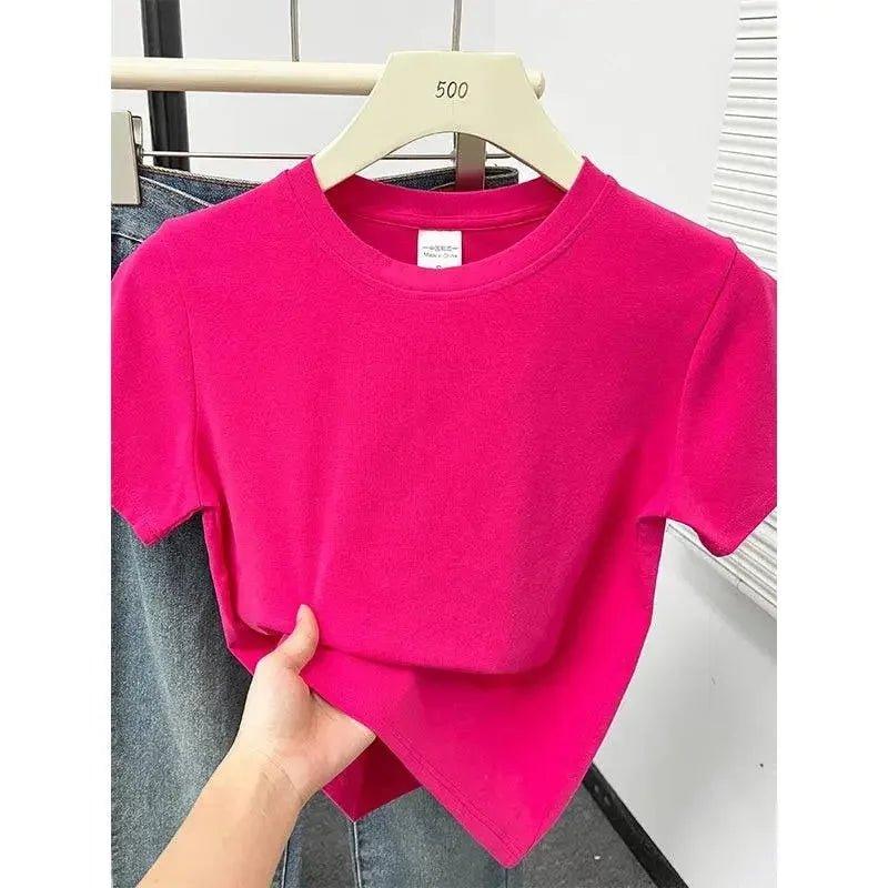 Bright pink women's short sleeve t-shirt on hanger, casual fashion top