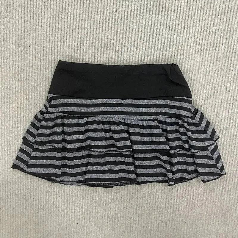 Black and gray striped ruffle mini skirt for women's fashion