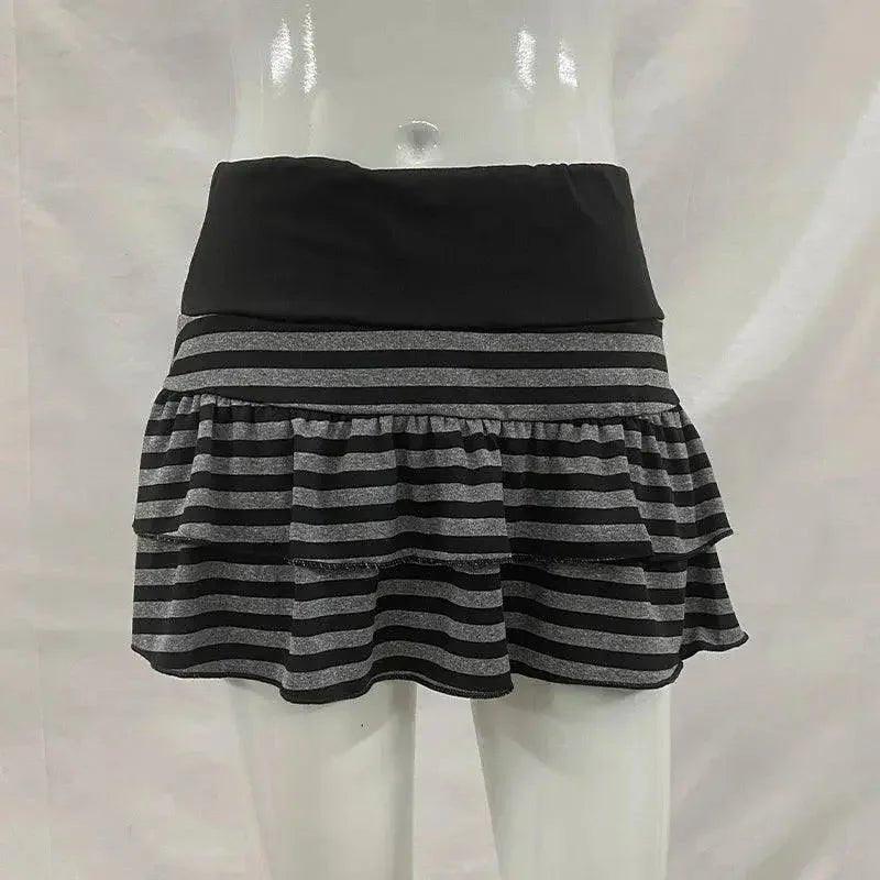 Black and gray striped ruffle mini skirt for women's fashion