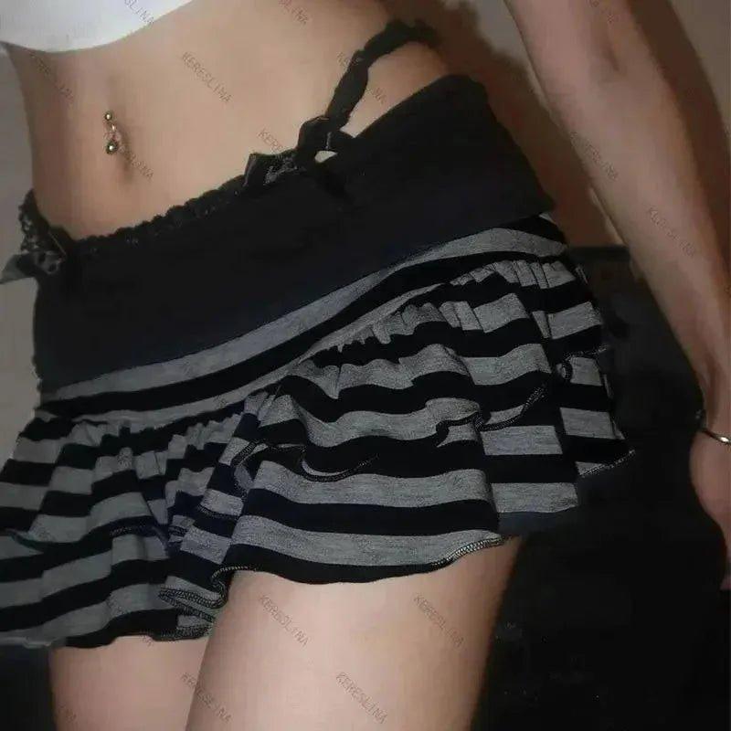 Black and gray striped ruffle mini skirt with lace trim, women's fashion