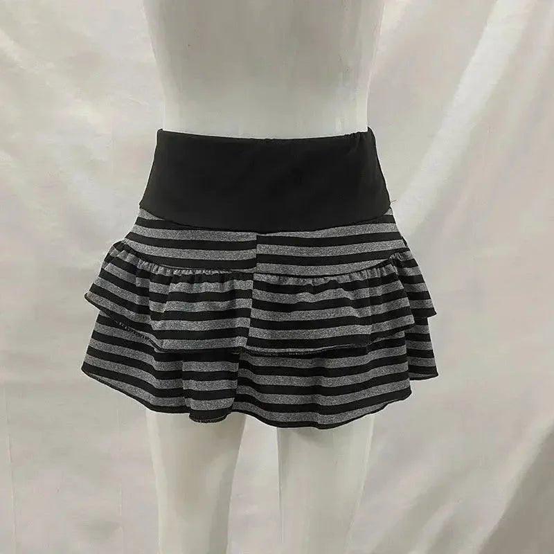Black and gray striped ruffle mini skirt for women's fashion