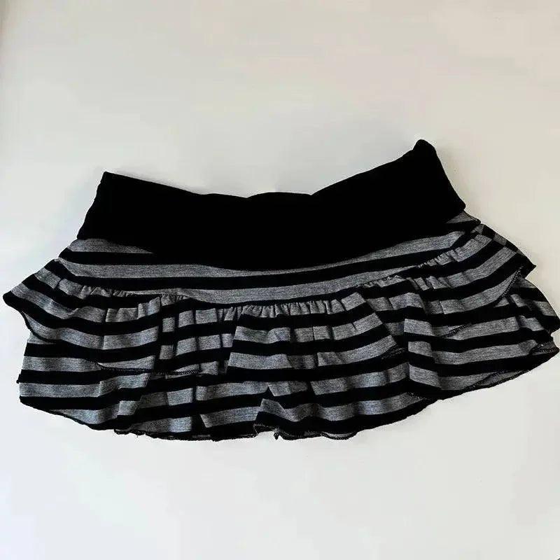 Black and gray striped ruffle mini skirt for women's fashion
