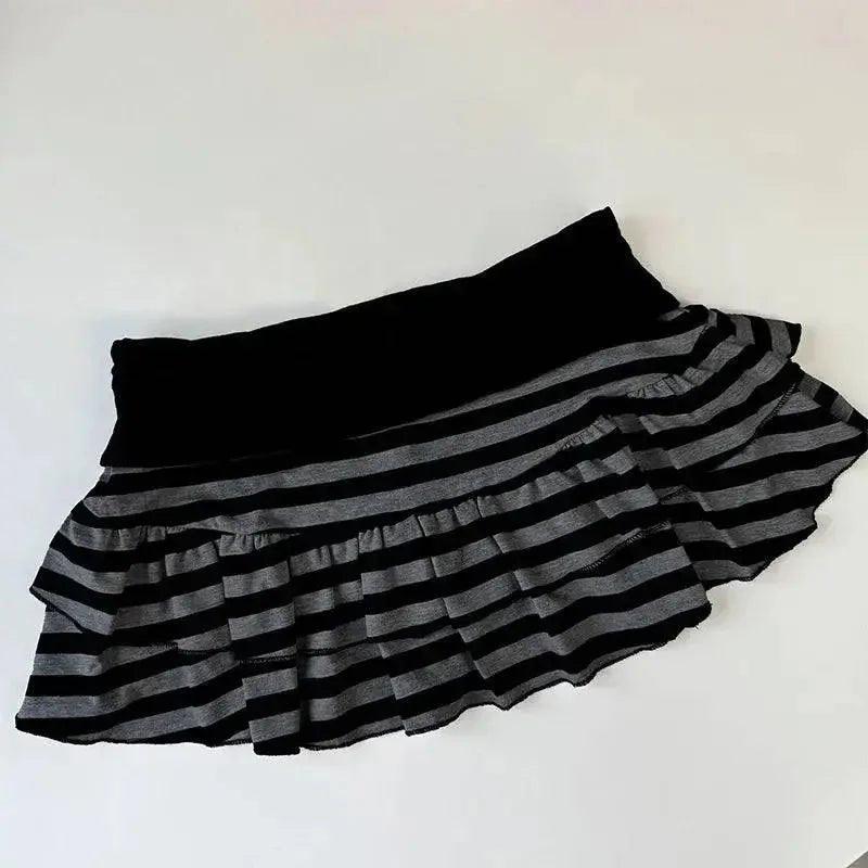 Black and gray striped ruffle mini skirt for women's fashion