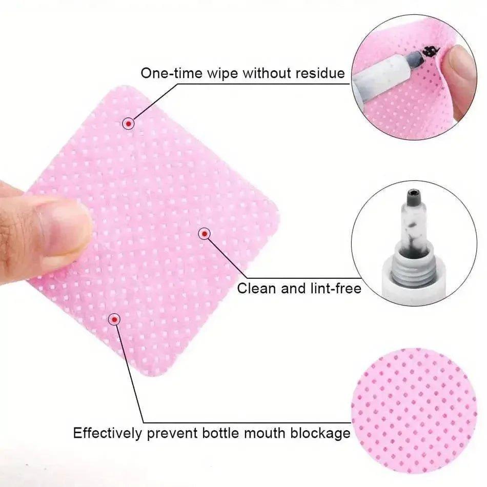 Pink lint-free wipe for clean, residue-free beauty product application, prevents bottle mouth blockage