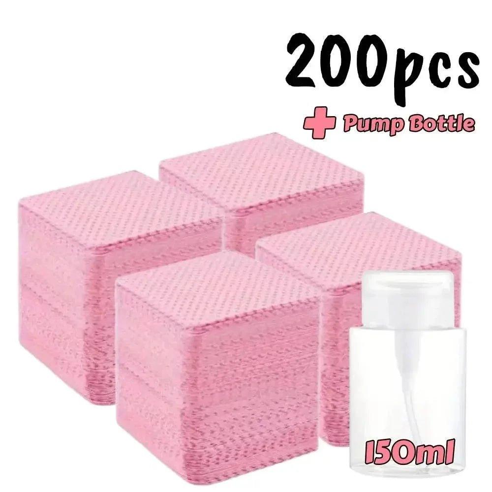200pcs pink makeup remover pads with 150ml pump bottle for beauty and skincare routines