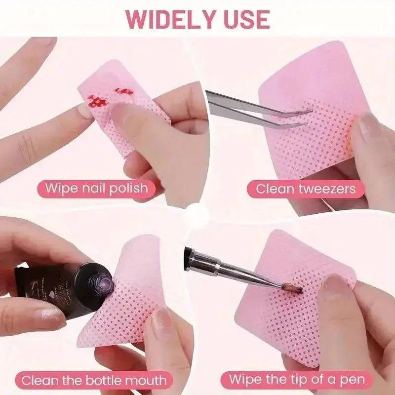 Pink perforated wipes for cleaning nail polish, tweezers, pen tips, and bottle mouths — versatile beauty tool