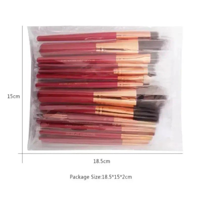 Red and gold makeup brushes set in clear packaging, 10-piece beauty tool collection for women's fashion