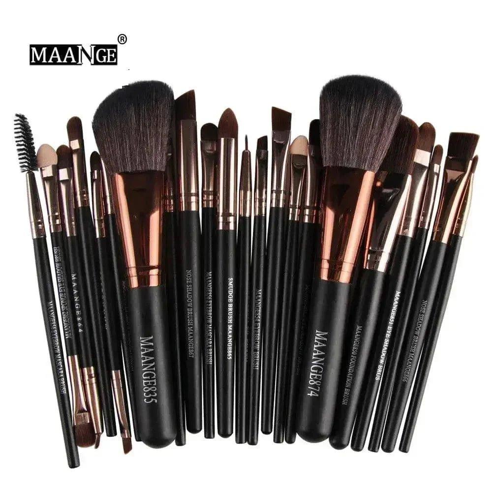 MAANGE professional makeup brushes set with black handles and rose gold accents for face and eye application