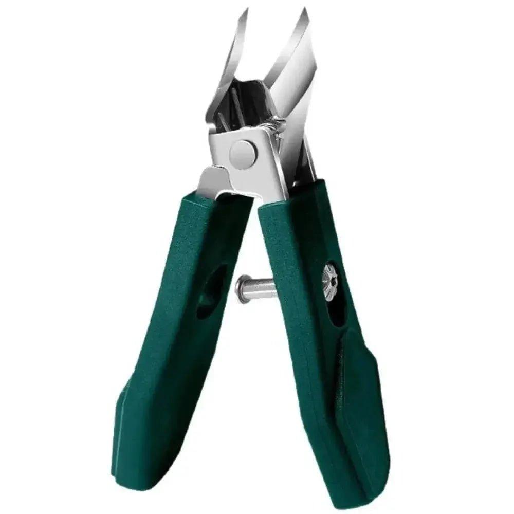 Green-handled nail clippers with stainless steel blades for precise manicure care