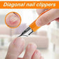 Orange diagonal nail clippers trimming toenail, close-up beauty tool for precise manicure care