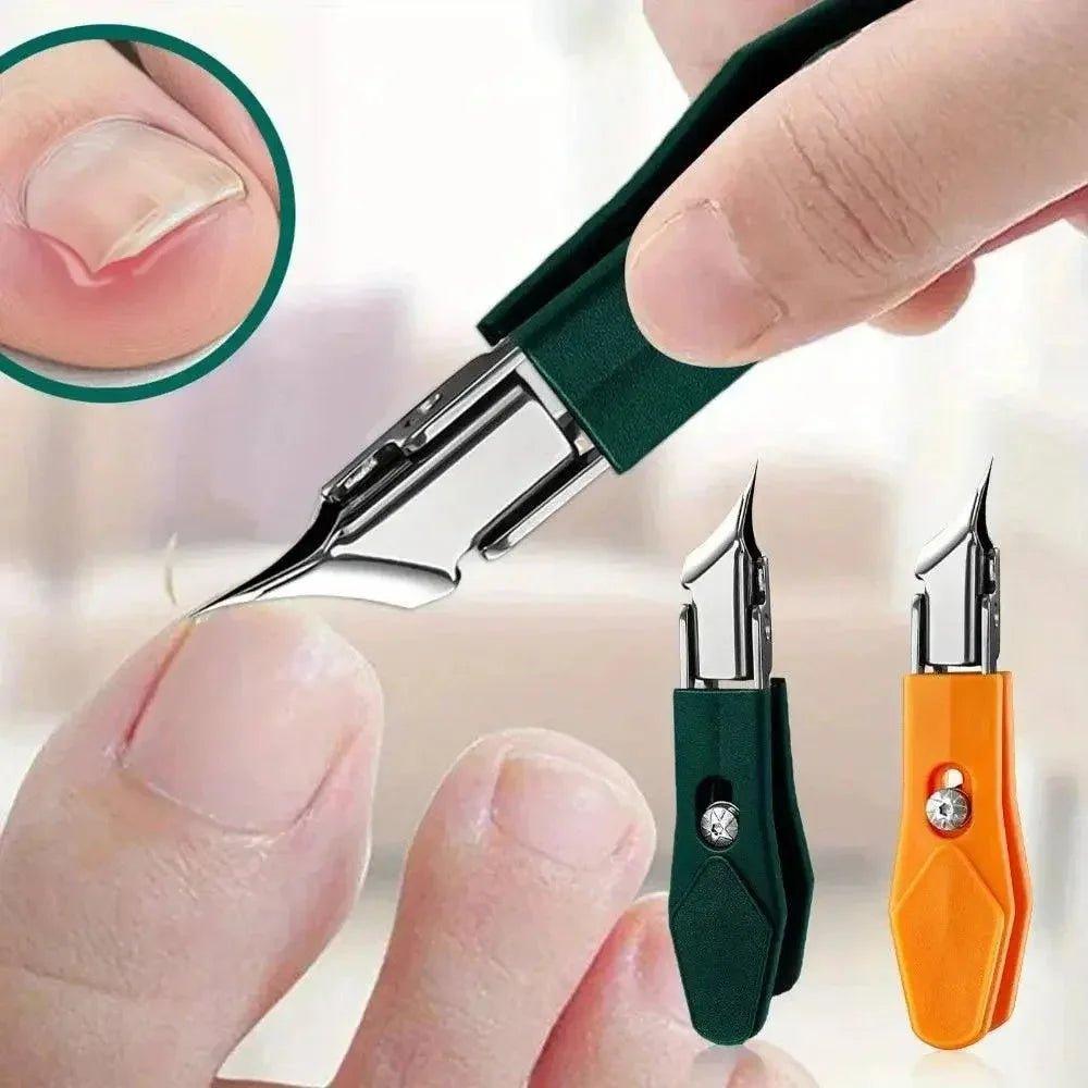 Precision nail care tool for manicure and pedicure, green and orange handles, close-up use on toenail