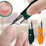 Precision nail care tool for manicure and pedicure, green and orange handles, close-up use on toenail
