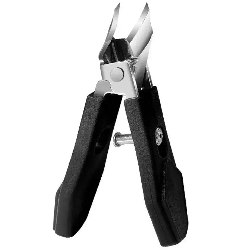 Black-handled nail clippers with stainless steel blades for precise manicure care