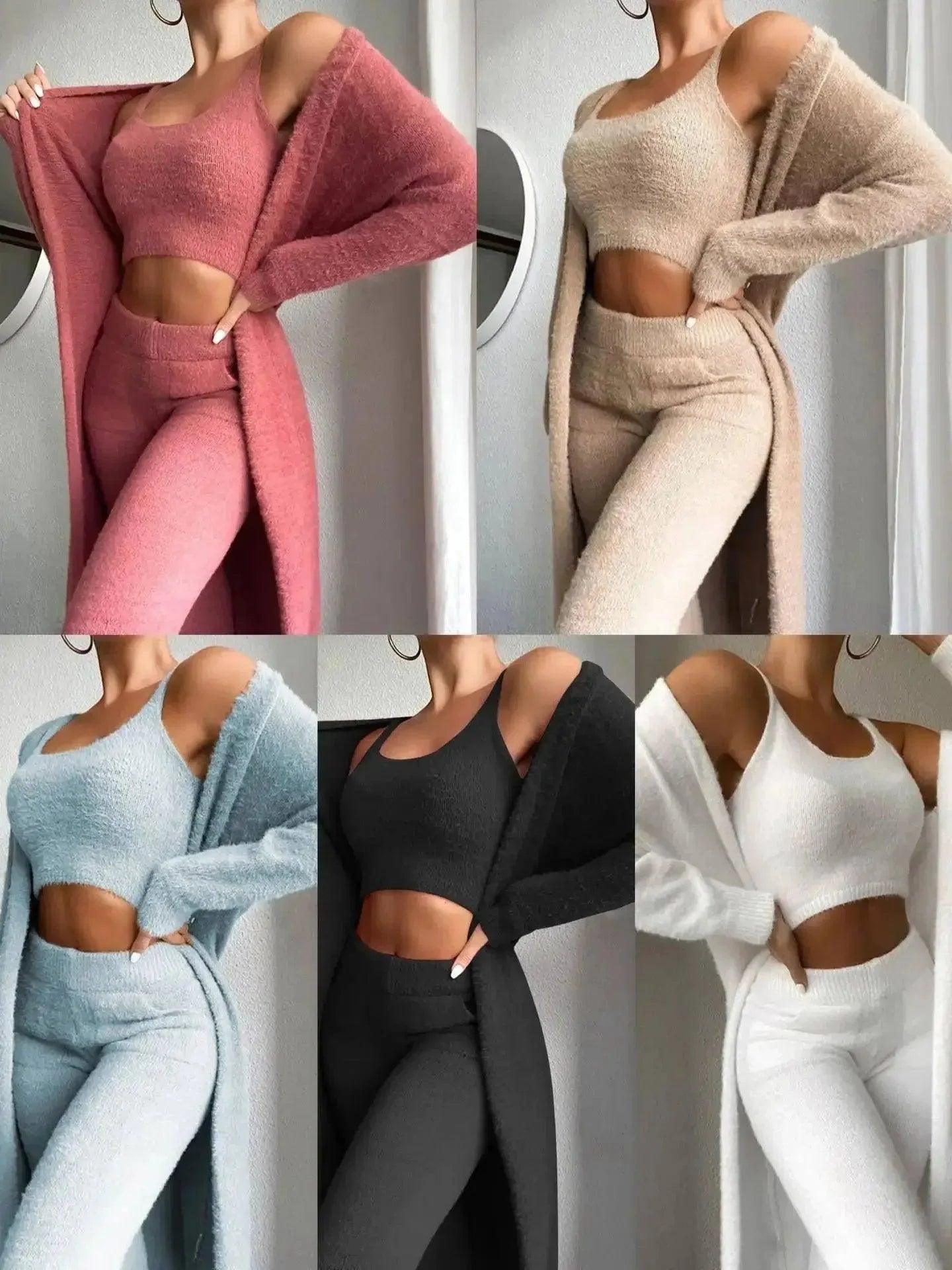 Women's cozy 3-piece loungewear sets in pink, beige, blue, black, white — soft knit crop top, pants, cardigan