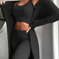 Black knit crop top and matching pants with open shoulder cardigan, women's fashion